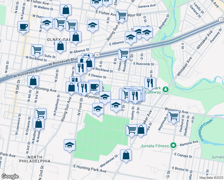 map of restaurants, bars, coffee shops, grocery stores, and more near 4749 B Street in Philadelphia