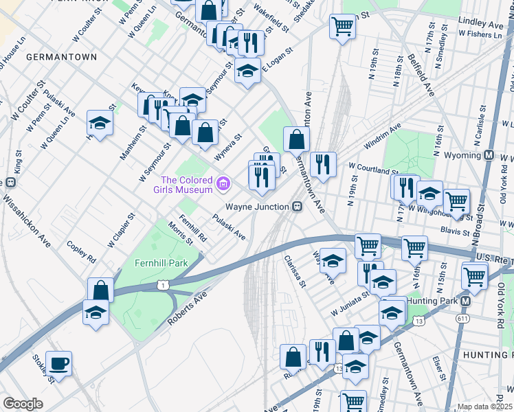 map of restaurants, bars, coffee shops, grocery stores, and more near 227 Berkley Street in Philadelphia