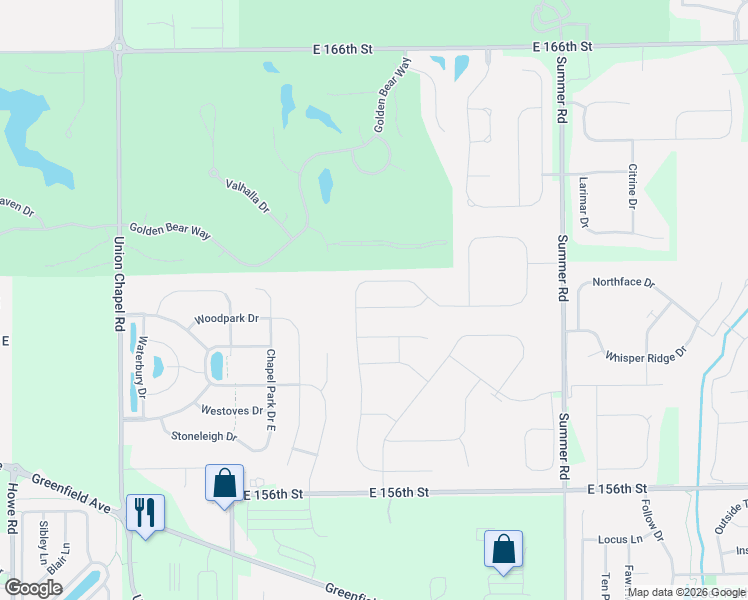 map of restaurants, bars, coffee shops, grocery stores, and more near 15928 Eastpark Court in Noblesville