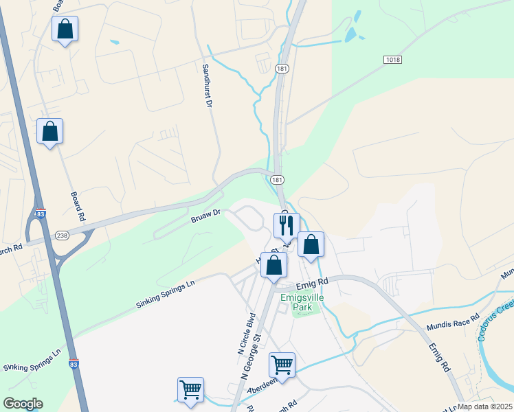map of restaurants, bars, coffee shops, grocery stores, and more near 142 Bruaw Drive in York