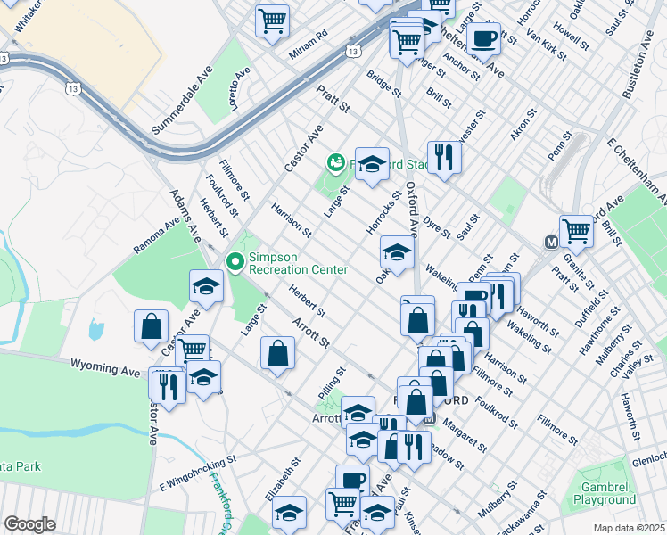 map of restaurants, bars, coffee shops, grocery stores, and more near 1135 Fillmore Street in Philadelphia