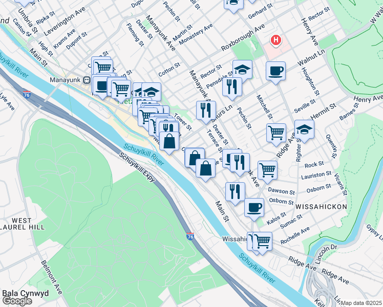 map of restaurants, bars, coffee shops, grocery stores, and more near 4027 Cresson Street in Philadelphia