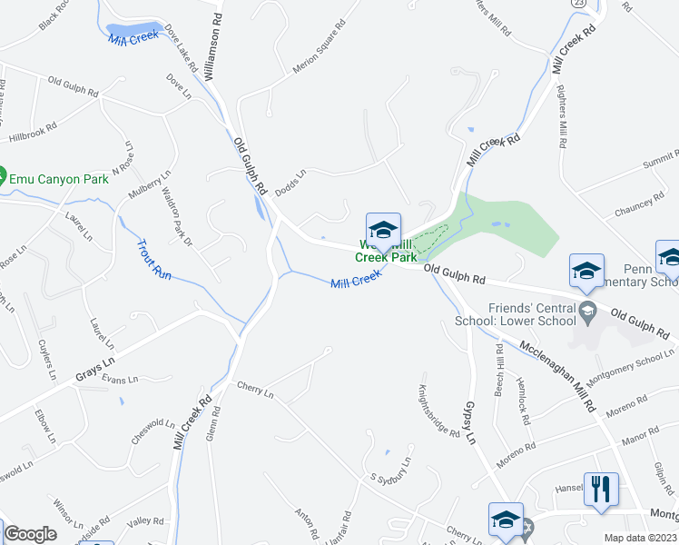 map of restaurants, bars, coffee shops, grocery stores, and more near 10 Old Gulph Road in Gladwyne