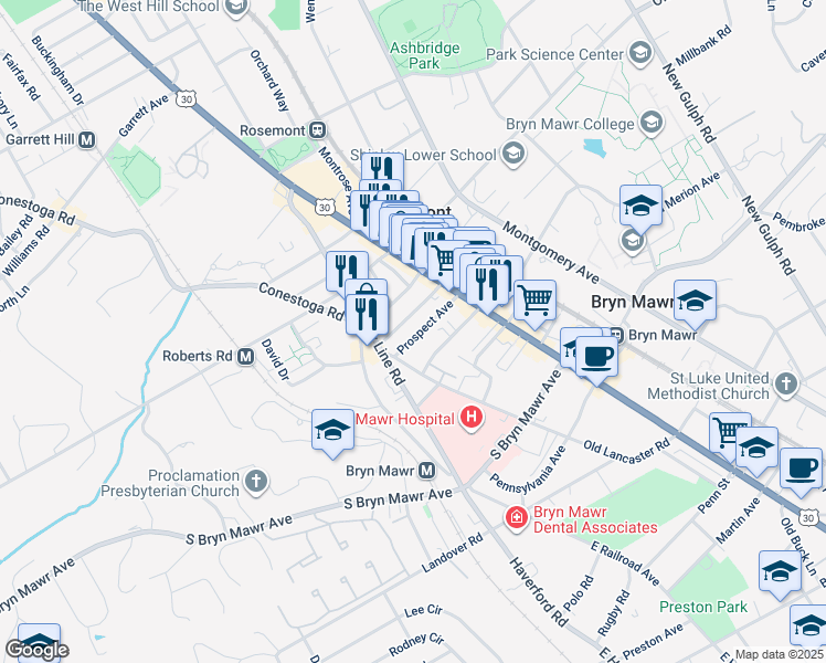map of restaurants, bars, coffee shops, grocery stores, and more near 50 Prospect Avenue in Bryn Mawr