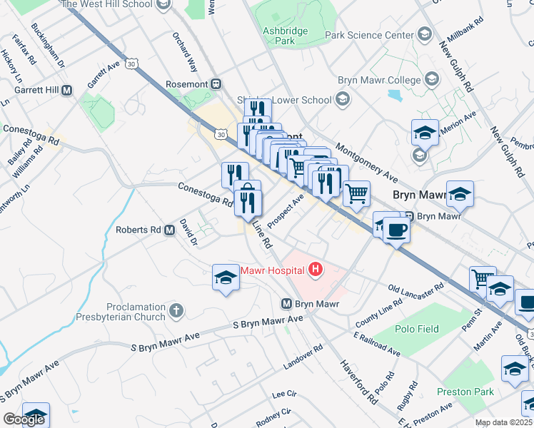 map of restaurants, bars, coffee shops, grocery stores, and more near 59 South Warner Avenue in Bryn Mawr