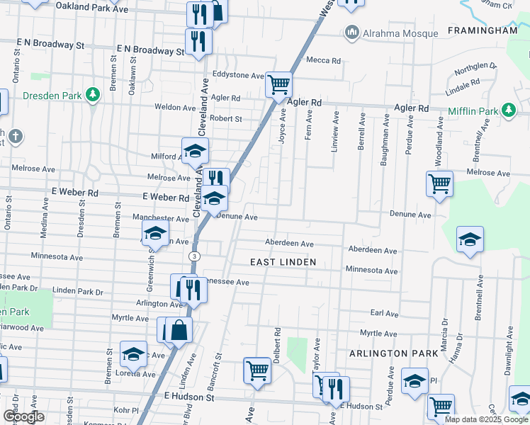 map of restaurants, bars, coffee shops, grocery stores, and more near 1897 Denune Avenue in Columbus