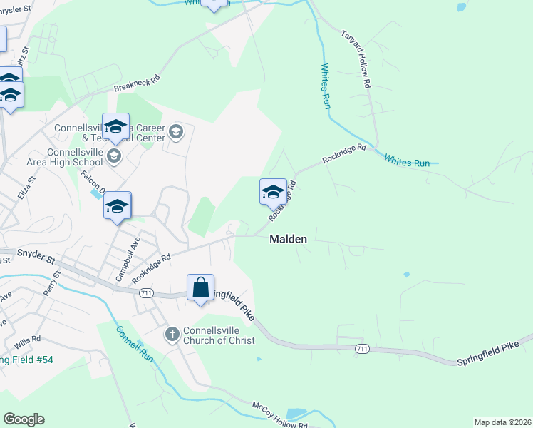 map of restaurants, bars, coffee shops, grocery stores, and more near 730 Rockridge Road in Connellsville