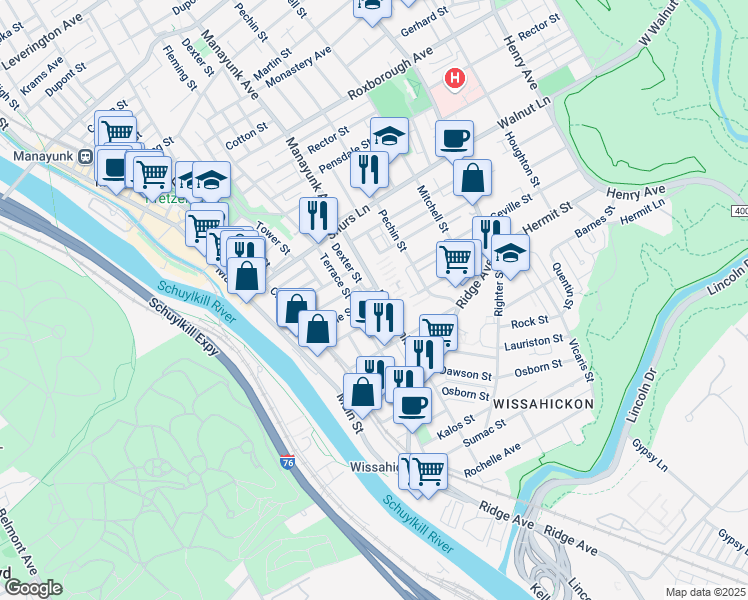 map of restaurants, bars, coffee shops, grocery stores, and more near 3916 Manayunk Avenue in Philadelphia