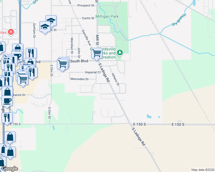 map of restaurants, bars, coffee shops, grocery stores, and more near 808 Center Drive in Crawfordsville