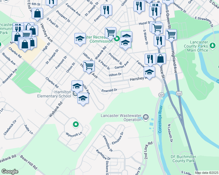map of restaurants, bars, coffee shops, grocery stores, and more near 806 South Pearl Street in Lancaster