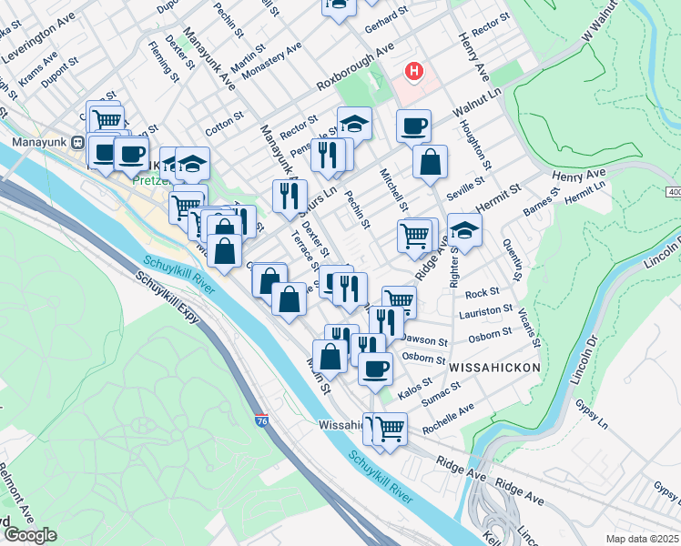map of restaurants, bars, coffee shops, grocery stores, and more near 3916 Manayunk Avenue in Philadelphia