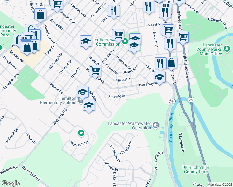 map of restaurants, bars, coffee shops, grocery stores, and more near 806 South Pearl Street in Lancaster