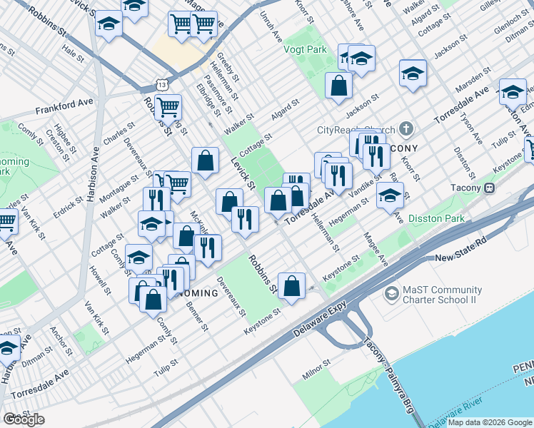 map of restaurants, bars, coffee shops, grocery stores, and more near in Philadelphia