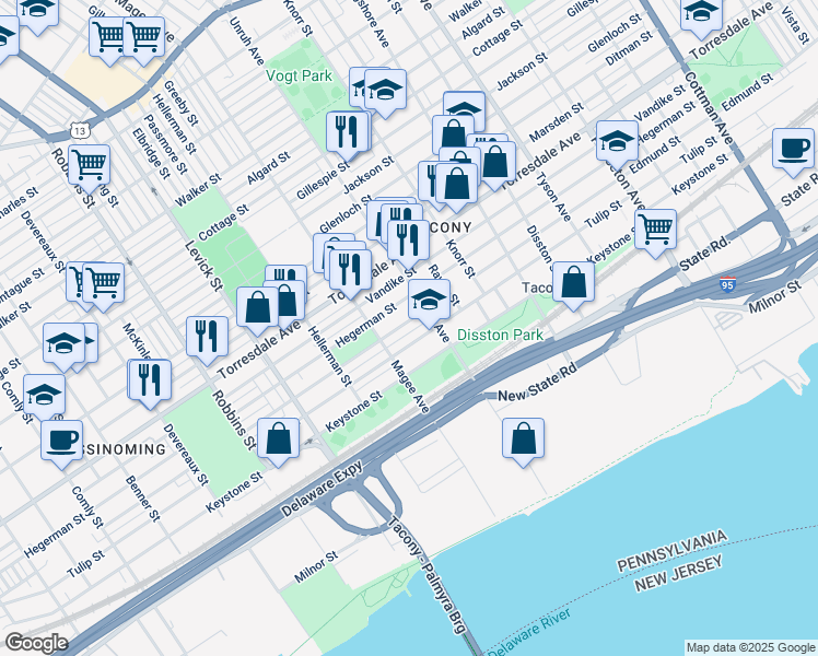 map of restaurants, bars, coffee shops, grocery stores, and more near 6645 Edmund Street in Philadelphia