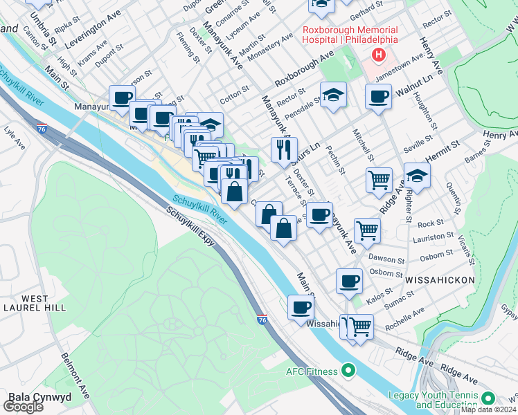 map of restaurants, bars, coffee shops, grocery stores, and more near Cresson St & Davis St in Philadelphia