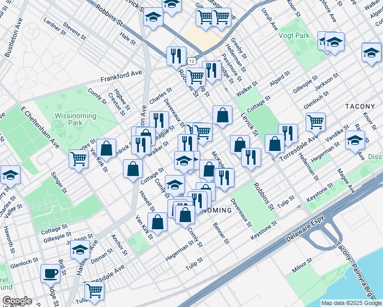map of restaurants, bars, coffee shops, grocery stores, and more near 6141 Cottage Street in Philadelphia