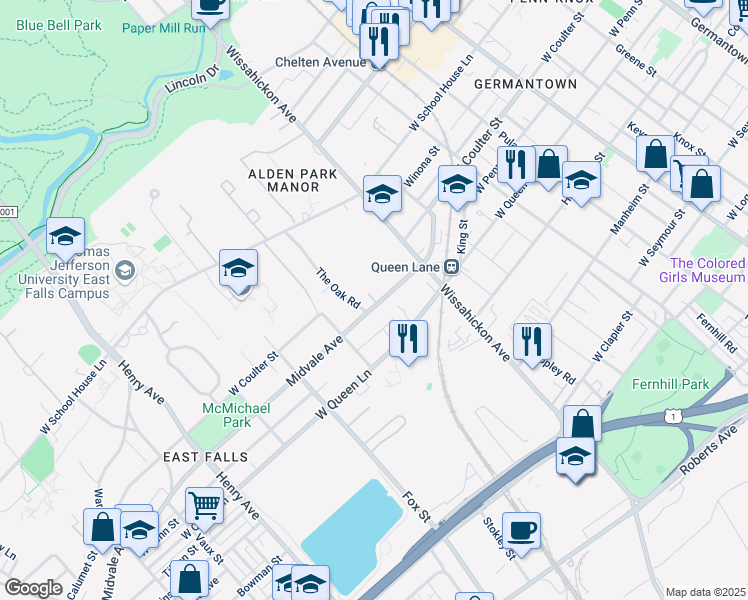 map of restaurants, bars, coffee shops, grocery stores, and more near 2823 Midvale Avenue in Philadelphia
