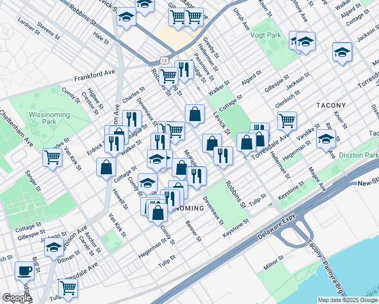 map of restaurants, bars, coffee shops, grocery stores, and more near 4431 McKinley Street in Philadelphia