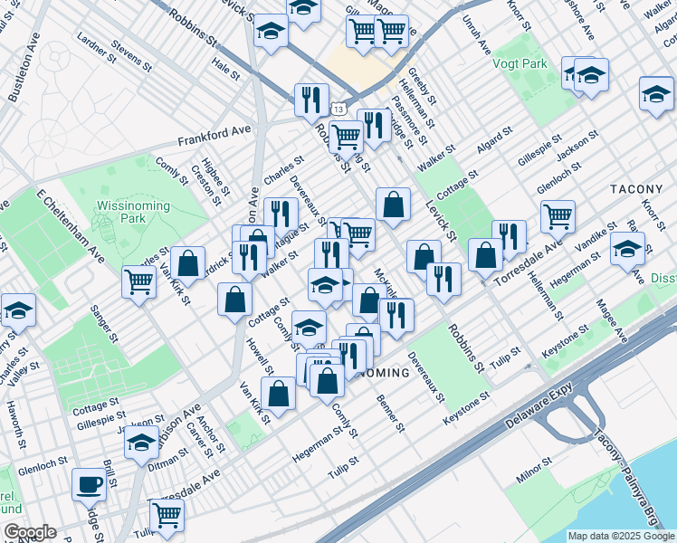 map of restaurants, bars, coffee shops, grocery stores, and more near 6141 Cottage Street in Philadelphia
