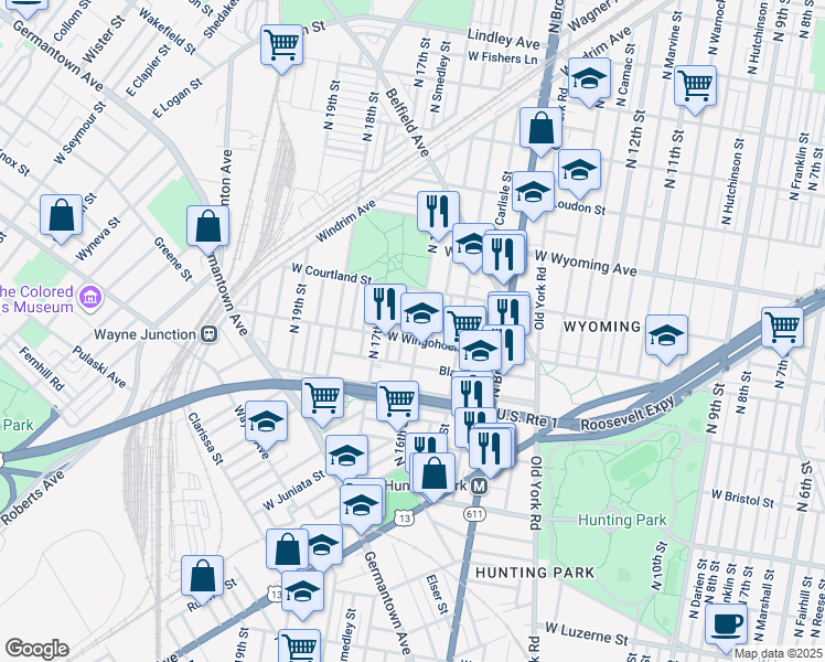 map of restaurants, bars, coffee shops, grocery stores, and more near 4508 North 16th Street in Philadelphia