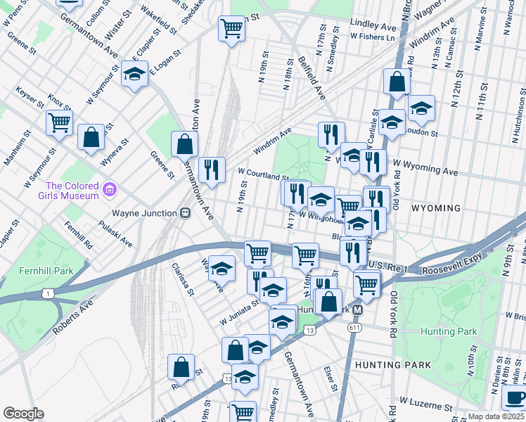 map of restaurants, bars, coffee shops, grocery stores, and more near 1734 Blavis Street in Philadelphia