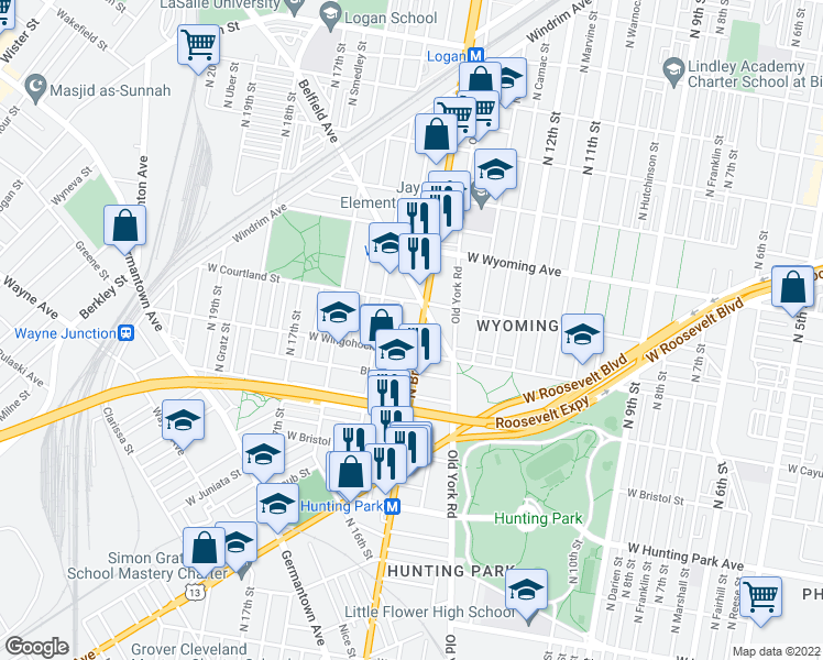 map of restaurants, bars, coffee shops, grocery stores, and more near 4520 North Broad Street in Philadelphia