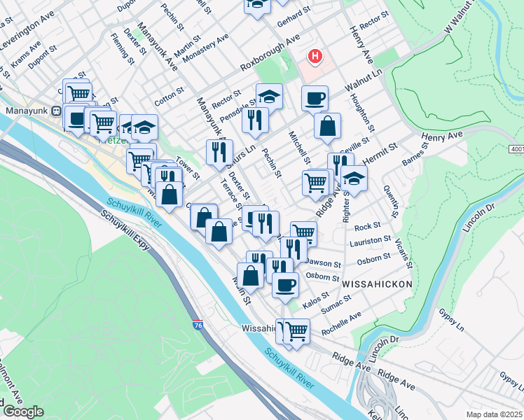 map of restaurants, bars, coffee shops, grocery stores, and more near 3914 Manayunk Avenue in Philadelphia