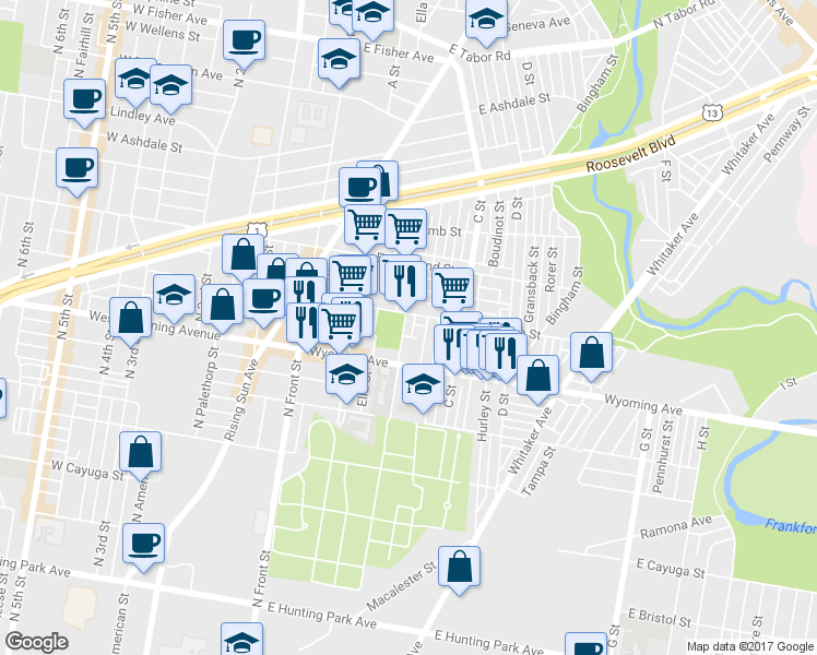 map of restaurants, bars, coffee shops, grocery stores, and more near 4753 B Street in Philadelphia