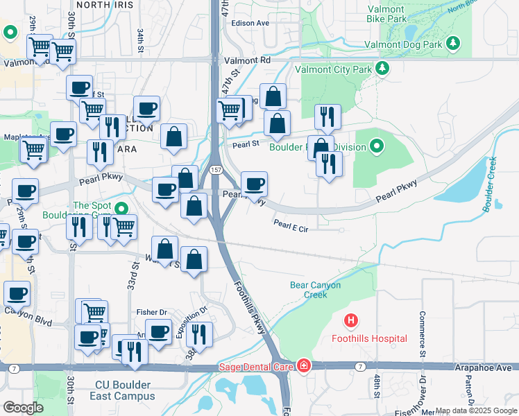 map of restaurants, bars, coffee shops, grocery stores, and more near 4740 Pearl Parkway in Boulder