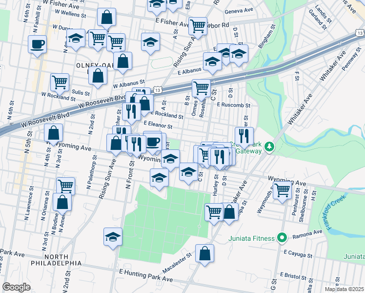 map of restaurants, bars, coffee shops, grocery stores, and more near 4753 B Street in Philadelphia