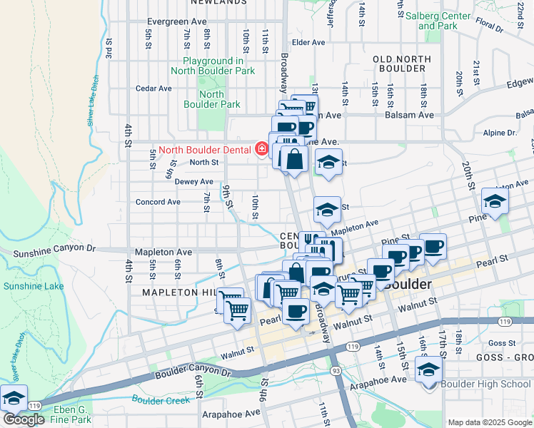 map of restaurants, bars, coffee shops, grocery stores, and more near 1039 Maxwell Avenue in Boulder