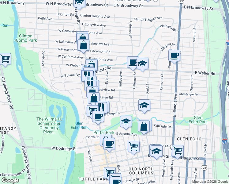 map of restaurants, bars, coffee shops, grocery stores, and more near 105 Crestview Road in Columbus