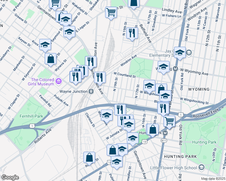 map of restaurants, bars, coffee shops, grocery stores, and more near 4448 North 19th Street in Philadelphia