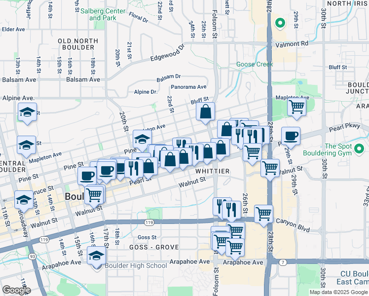 map of restaurants, bars, coffee shops, grocery stores, and more near 2076 23rd Street in Boulder