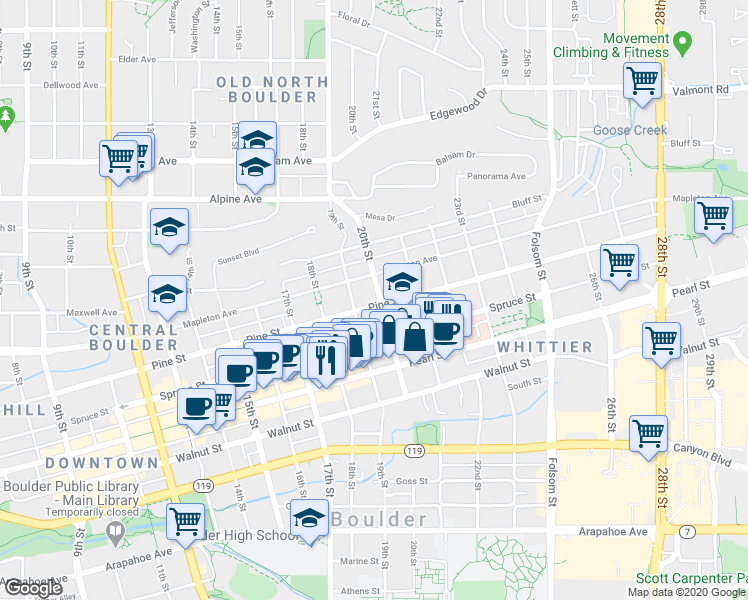 map of restaurants, bars, coffee shops, grocery stores, and more near 2100-2198 20th Street in Boulder