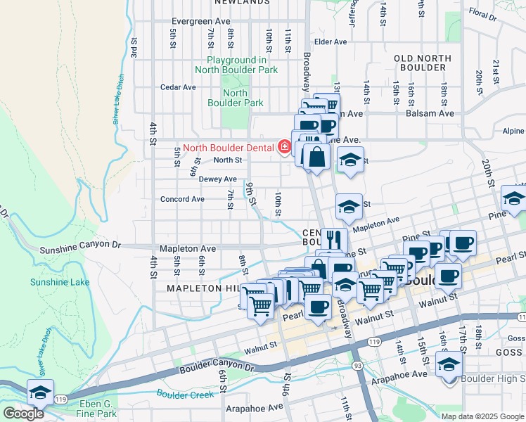 map of restaurants, bars, coffee shops, grocery stores, and more near 840 Maxwell Avenue in Boulder