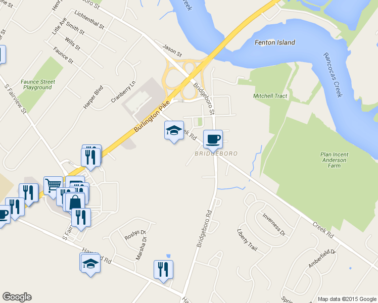 map of restaurants, bars, coffee shops, grocery stores, and more near 105 Spruce Street in Delran