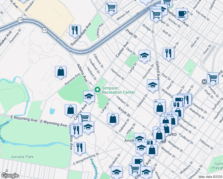 map of restaurants, bars, coffee shops, grocery stores, and more near 4712 Large Street in Philadelphia
