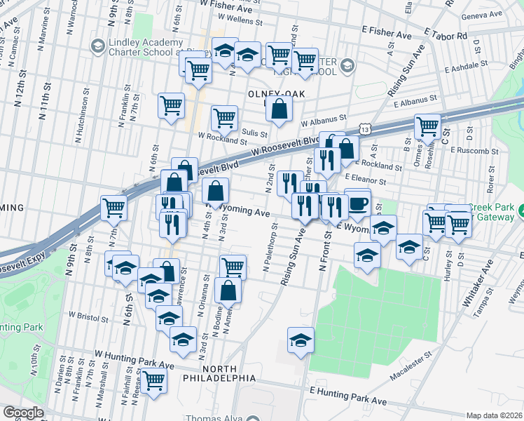 map of restaurants, bars, coffee shops, grocery stores, and more near 200 Wyoming Avenue in Philadelphia