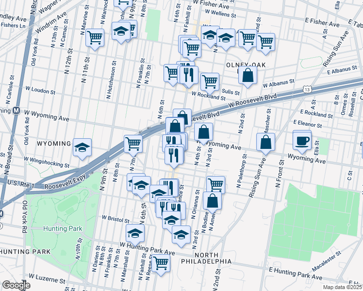 map of restaurants, bars, coffee shops, grocery stores, and more near 4619 North 5th Street in Philadelphia