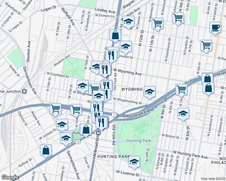 map of restaurants, bars, coffee shops, grocery stores, and more near 1317 West Wingohocking Street in Philadelphia