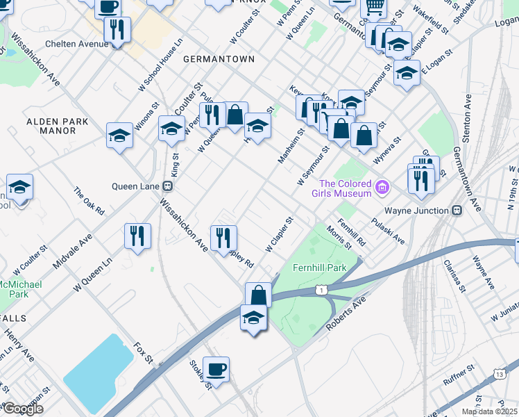 map of restaurants, bars, coffee shops, grocery stores, and more near 5042 Erringer Place in Philadelphia
