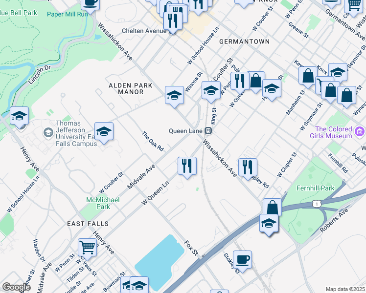 map of restaurants, bars, coffee shops, grocery stores, and more near 2823 West Queen Lane in Philadelphia