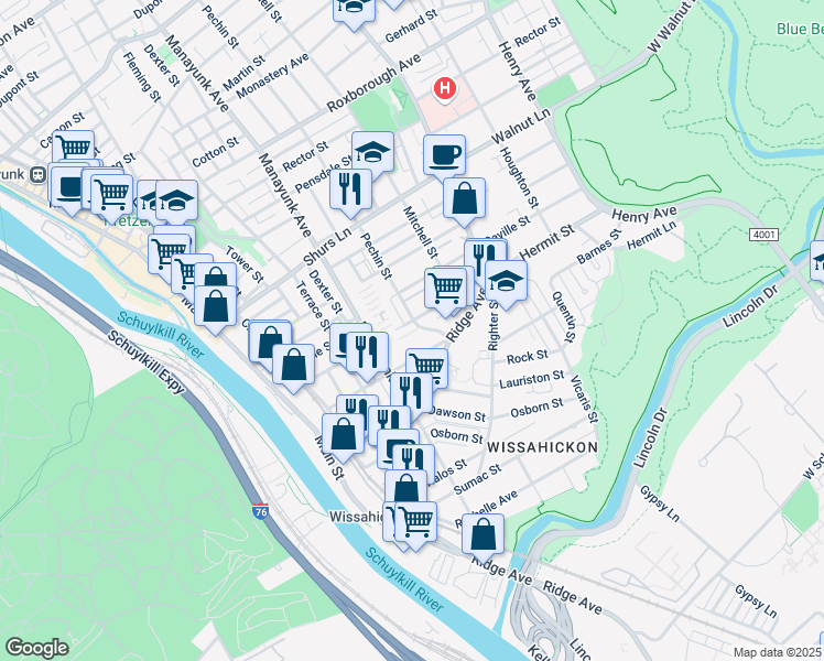 map of restaurants, bars, coffee shops, grocery stores, and more near 5318 Ridge Avenue in Philadelphia