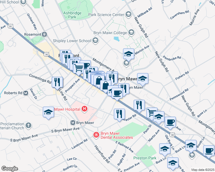 map of restaurants, bars, coffee shops, grocery stores, and more near 24 North Bryn Mawr Avenue in Bryn Mawr