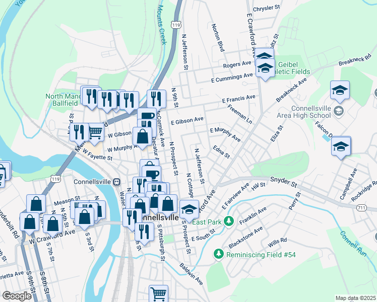 map of restaurants, bars, coffee shops, grocery stores, and more near 311 East Fayette Street in Connellsville