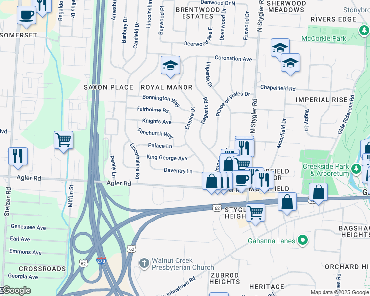 map of restaurants, bars, coffee shops, grocery stores, and more near 522 King George Avenue in Columbus