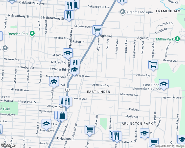 map of restaurants, bars, coffee shops, grocery stores, and more near 1897 Denune Avenue in Columbus