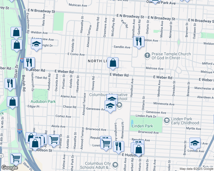 map of restaurants, bars, coffee shops, grocery stores, and more near in Columbus