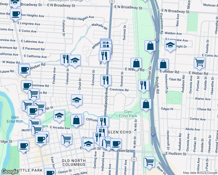 map of restaurants, bars, coffee shops, grocery stores, and more near 430 East Kelso Road in Columbus